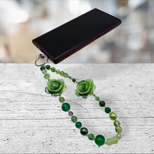 Handmade Green Beaded Phone Charm with Rose Accents